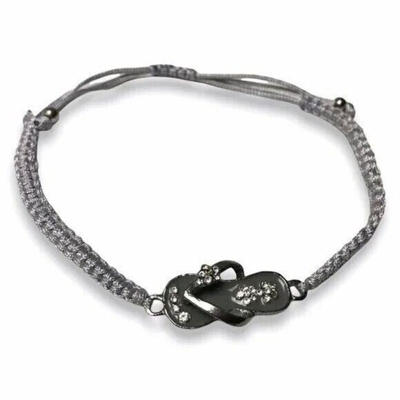 Rhinestone Sandal Bracelet Adjustable Cord Gray Flip Flop Charm Hawaii Souvenir - Picture 1 of 4